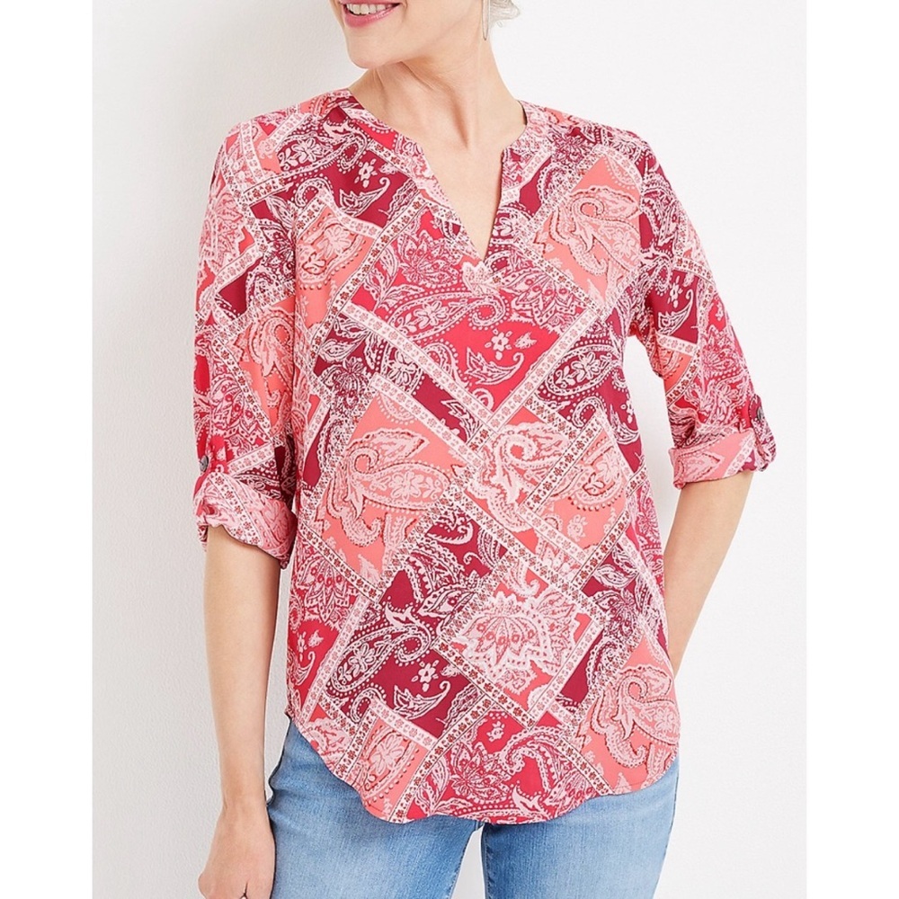 Maurices Red Atwood Paisley Patchwork 3/4 Sleeve Popover Blouse